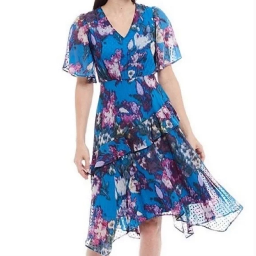 Maison Tara Blue and Pink Floral Clip Dot Chiffon Midi Dress Sz 6
